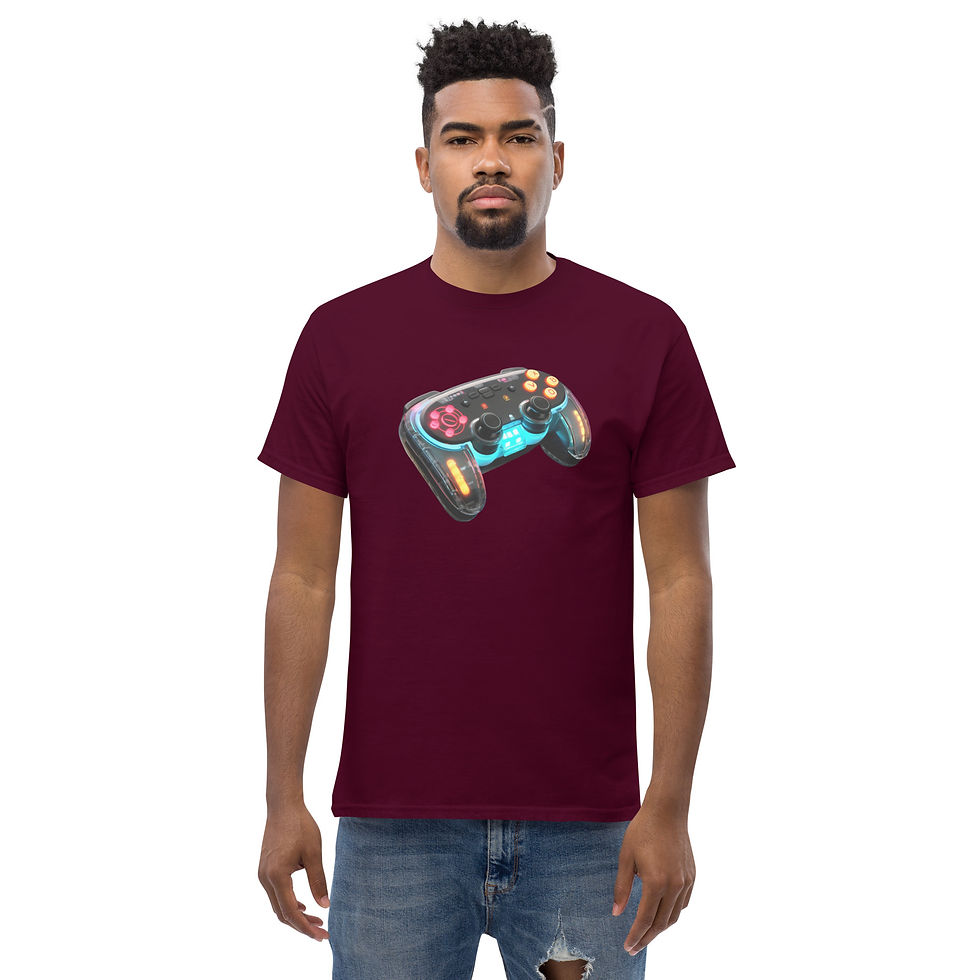 Retro Glow Controller Cutout: maroon unisex classic T-shirt with turquoise controller cutout, on model