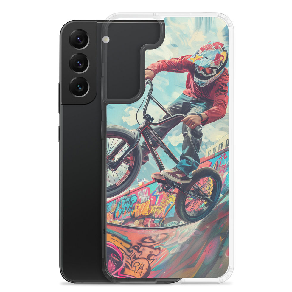 Urban Thrill Clear case for Galaxy S22 Plus, BMX rider above graffiti ramp, phone beside printed case on white