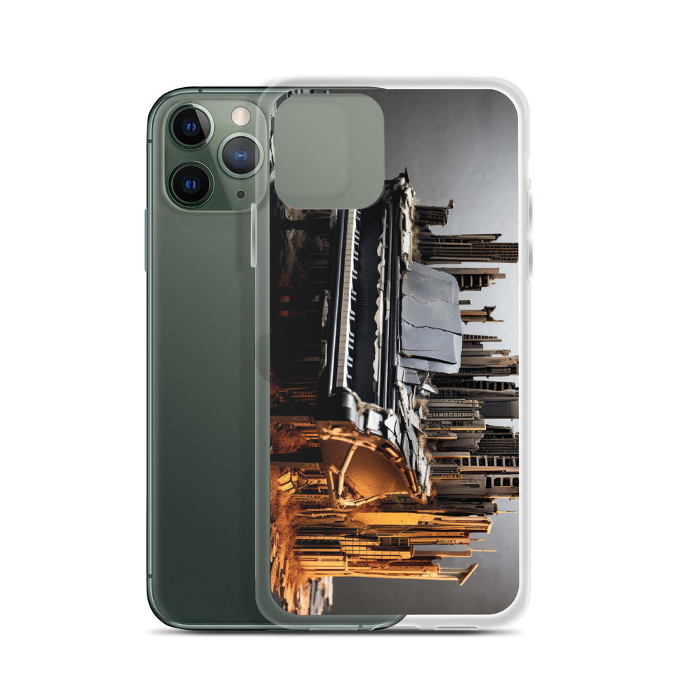 Urban Symphony clear iPhone case front view in a plant-filled office desk, showing the piano and city design, image 5.