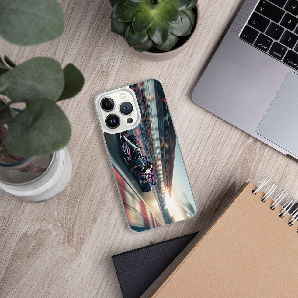 Black n Purple Power Clear case for iPhone 13 Pro, purple race car, desk with laptop and plants
