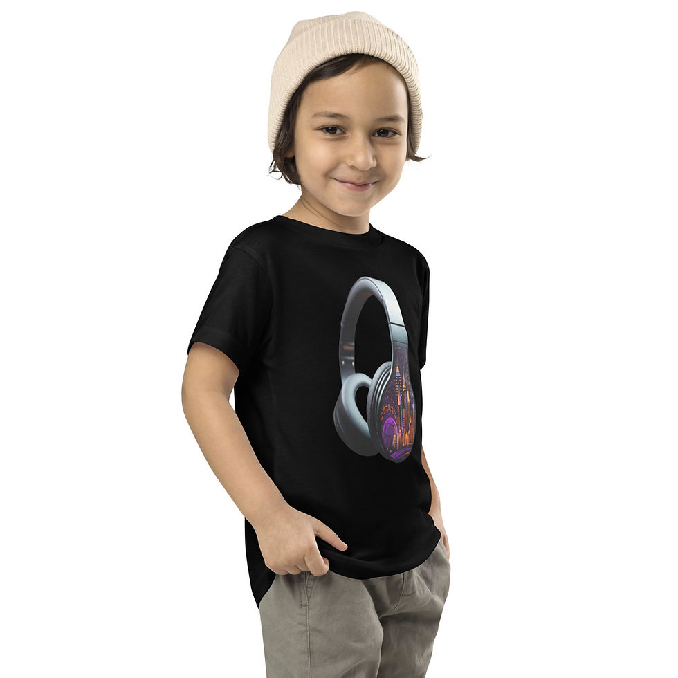 Skyline Beats: black short-sleeve toddler T-shirt with silver headphones with city earcups, worn by child, turned slightly