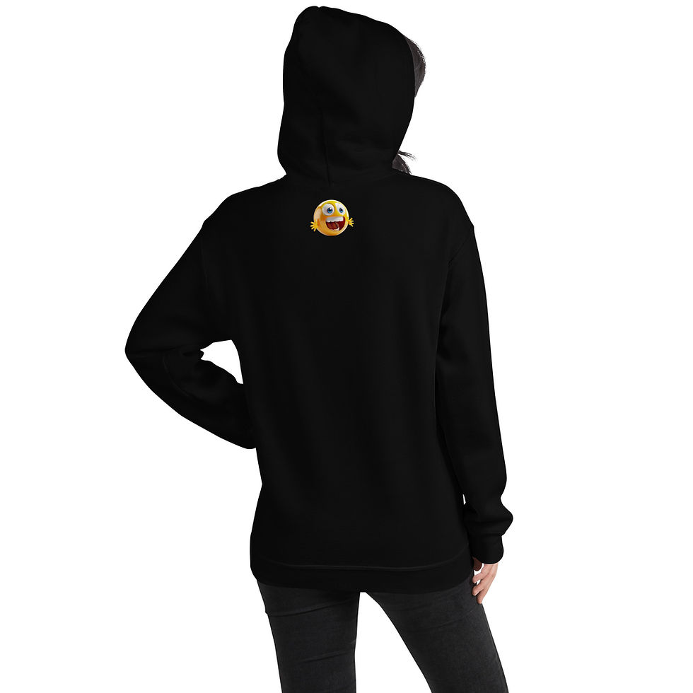 Adventurous Avocado: black unisex hoodie showing back, hood and small gold logo