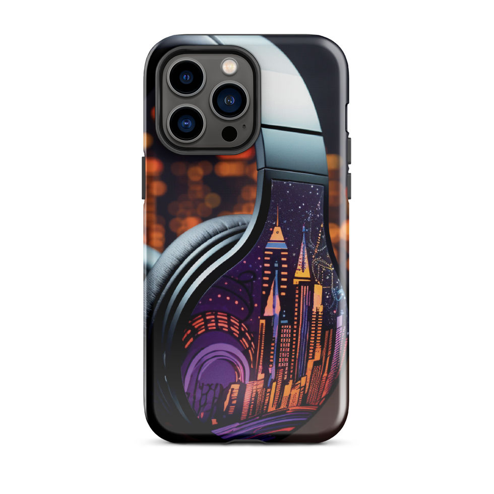 Neon Skyline tough case showing glowing city buildings and purple headphone curves for iPhone 15