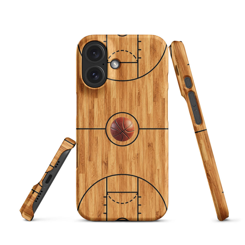 Grain & Game Snap case for iPhone 16, wood basketball court and ball, rear and side views on white