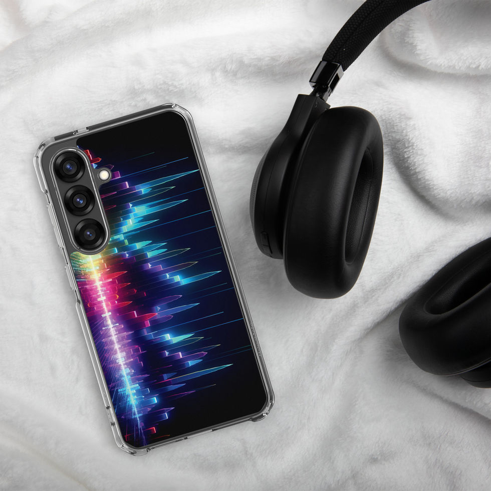 Neon Beatline clear Samsung case front view in a dark studio desk, featuring the glowing skyline and beatline artwork.