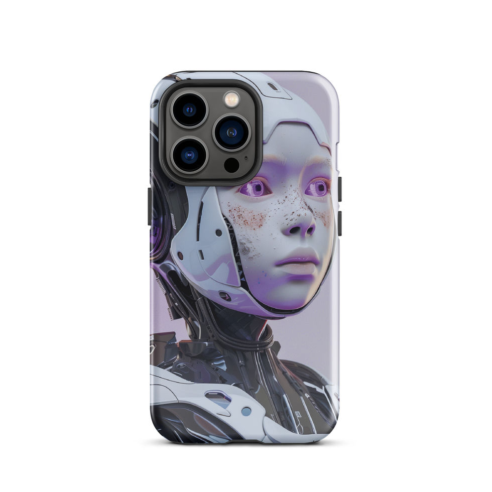Violet cybernetic eyes featured on a protective iPhone shell