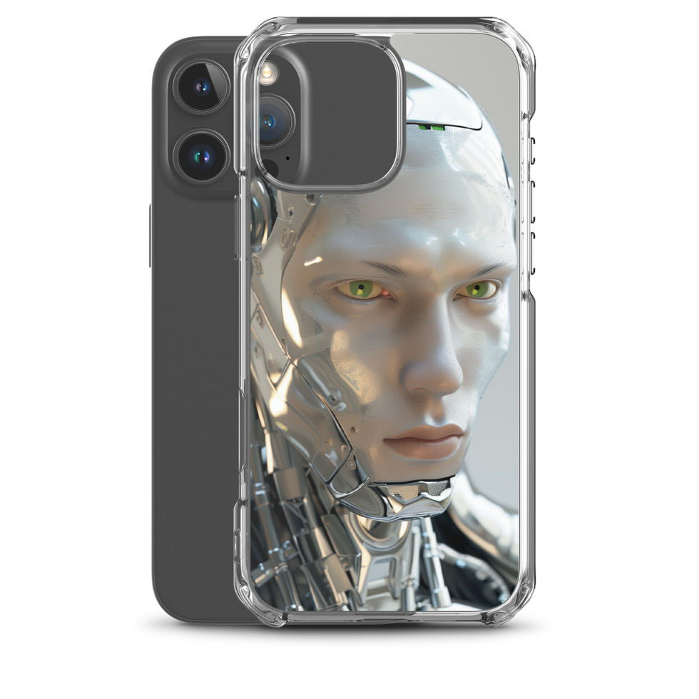 Neural Titan clear iPhone case with calm commanding android expression beside the camera opening