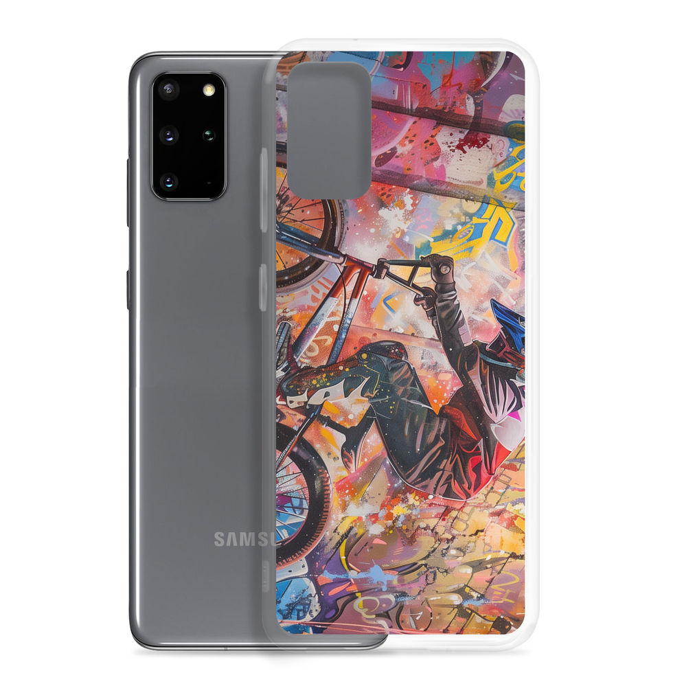 Graffiti Grind Clear case for Galaxy S20 Plus, BMX rider amid pink and yellow graffiti, phone beside case on white