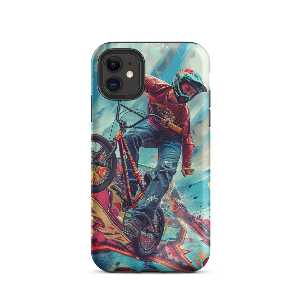 Ramp Rebel Tough case for iPhone 11, red-jacketed BMX rider and graffiti, rear view on white background