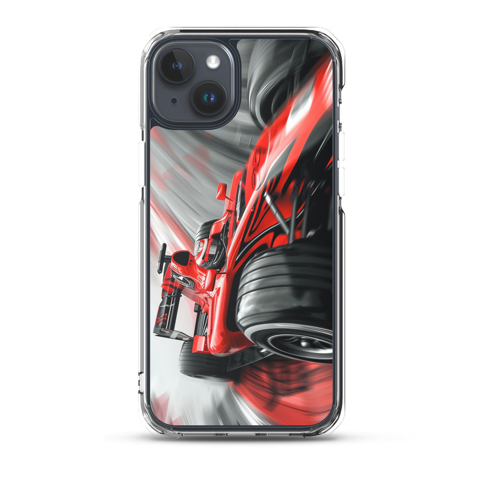 Victory Rush Clear case for iPhone 15 Plus, red race car and grey streaks, phone and case on white