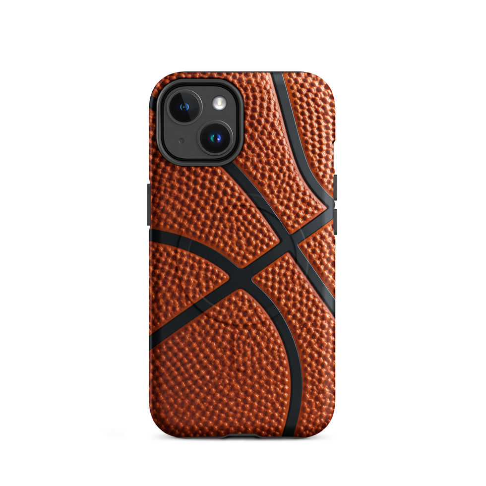Full Court Grip MagSafe Tough case for iPhone 14, orange basketball texture and black seams, rear view on white