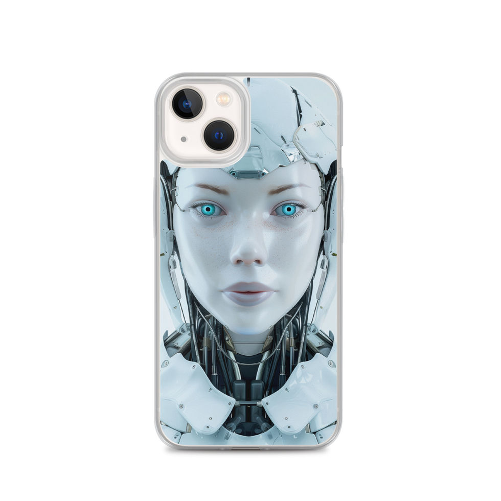 Calm futuristic android with aqua eyes on a transparent iPhone case – angled case mockup