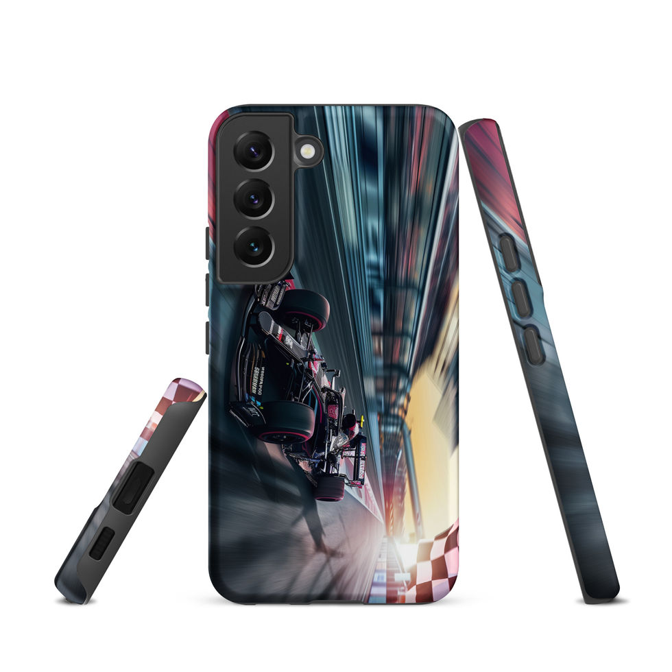 Final Lap Tough case for Galaxy S22, dark race car and blurred track artwork, rear and side views on white