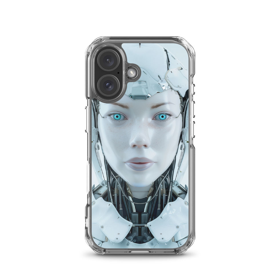Cool-toned android artwork on a clear protective phone cover – fitted iPhone case view
