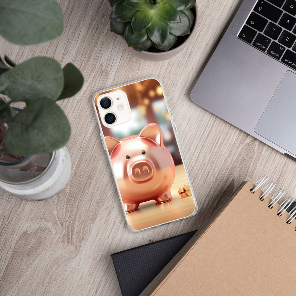 Golden Fortune clear iPhone case on a pale desk near plants and a laptop with a pink pig beneath a softly lit background.