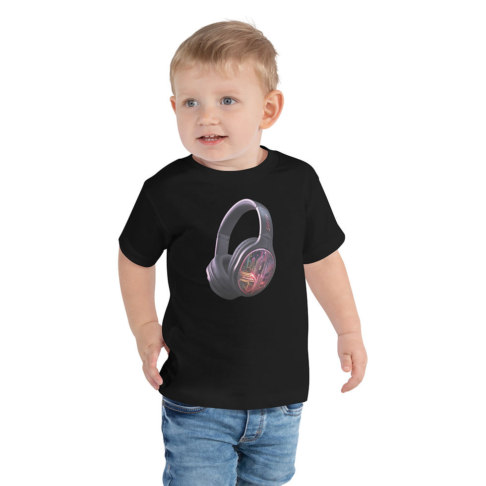 Skyline Vibes Headphones: black short-sleeve toddler T-shirt with headphones with glowing city earcups, worn by child