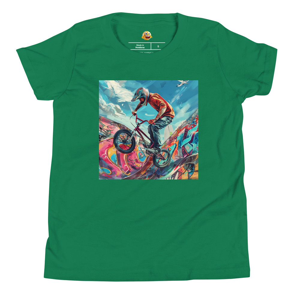 Graffiti Rampage: kelly green youth short-sleeve T-shirt with a red-shirted BMX rider on bright graffiti