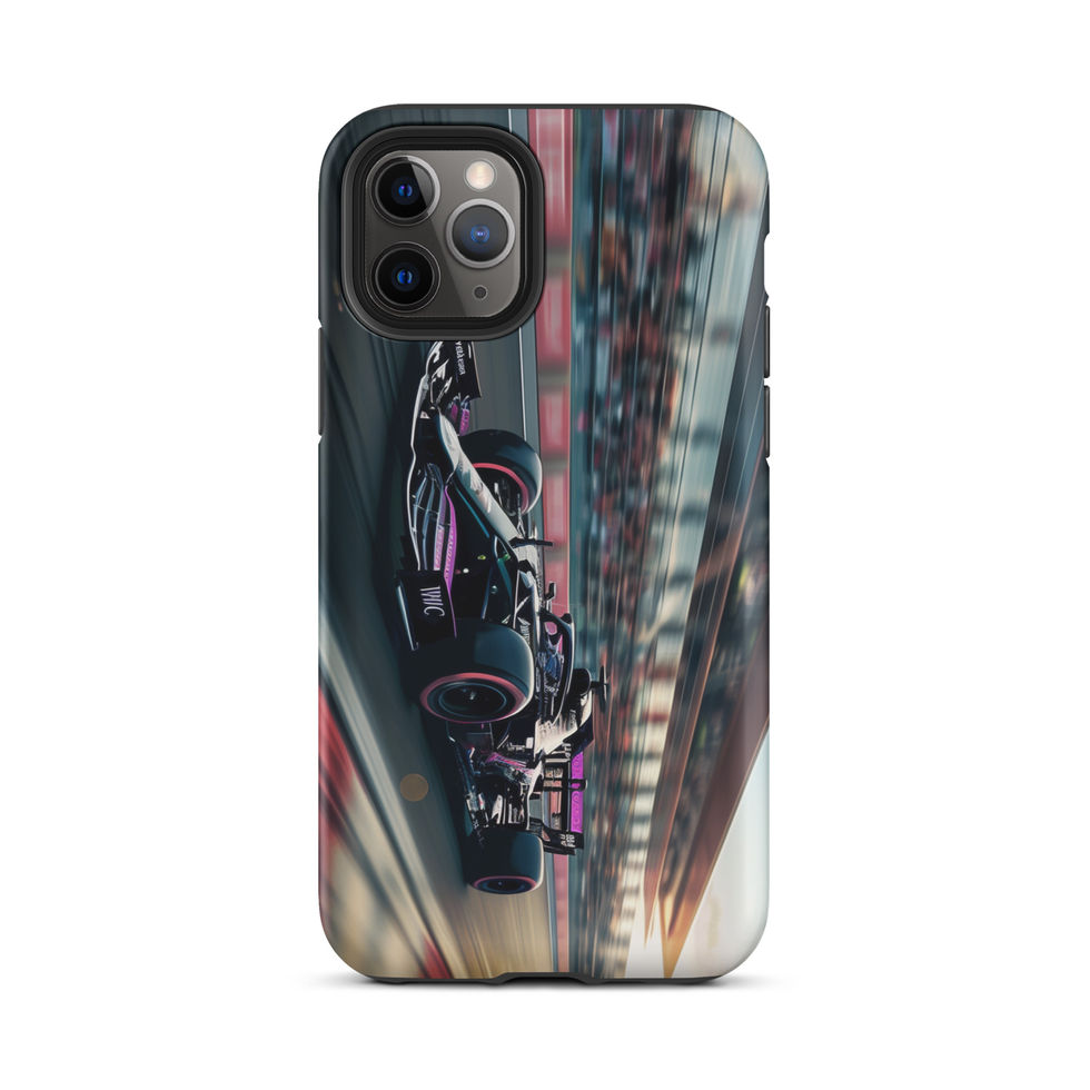 Black n Purple Power Tough case for iPhone 11 Pro, black and purple race car artwork, rear view on white