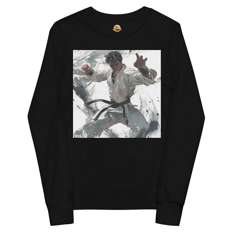 Martial Arts Mastery: black youth long-sleeve T-shirt with monochrome martial artist with ink splashes