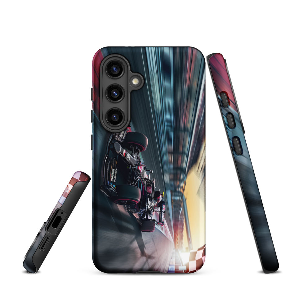 Final Lap Tough case for Galaxy S24, dark race car and blurred track artwork, rear and side views on white