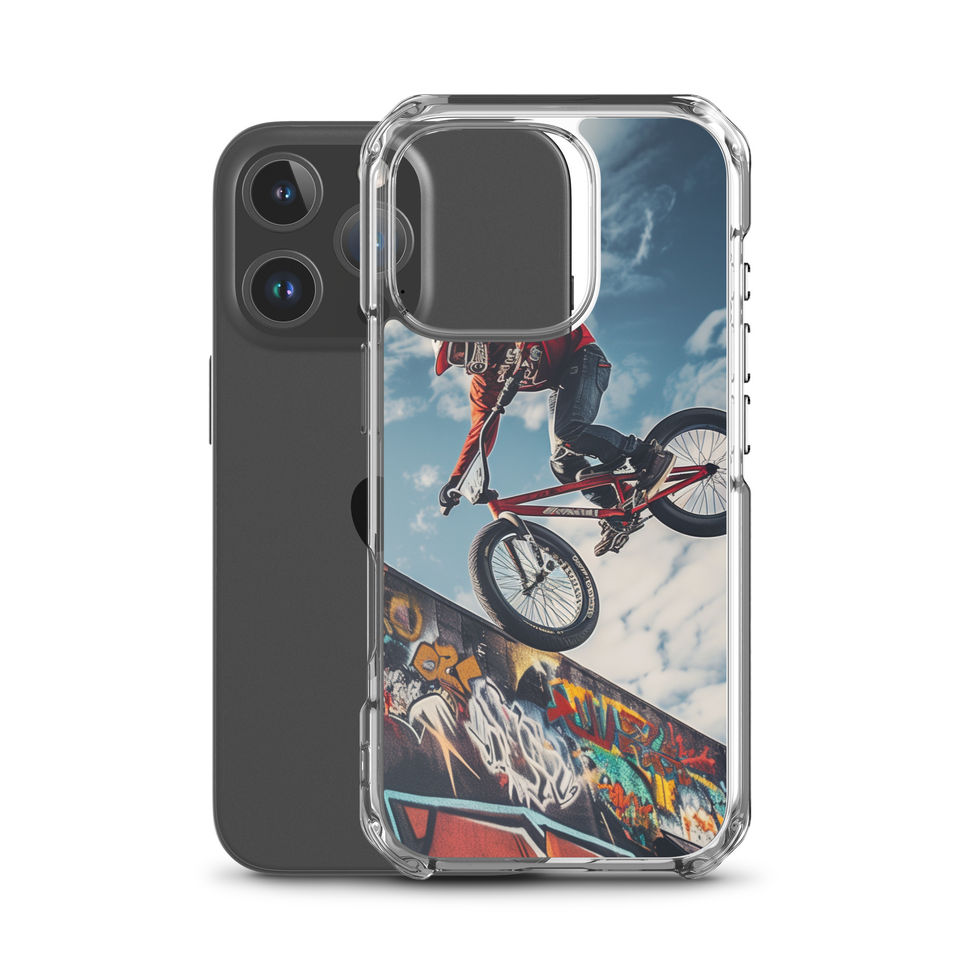 Graffiti Air Clear case for iPhone 16 Pro, BMX rider above graffiti ramp, rear view on white