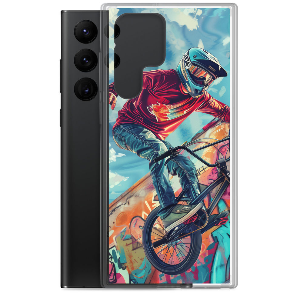 Graffiti Ride Clear case for Galaxy S22 Ultra, red-top BMX rider and vivid graffiti, phone beside case on white