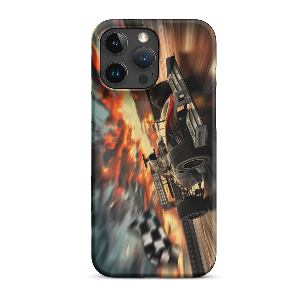 Final Lap Fury Snap case for iPhone 16 Pro Max, black race car and fiery flag, rear view on white