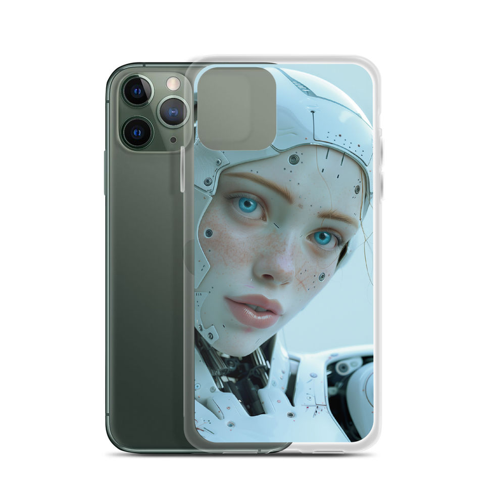 AI Serenity clear iPhone case with luminous blue-eyed android portrait – fitted iPhone case view