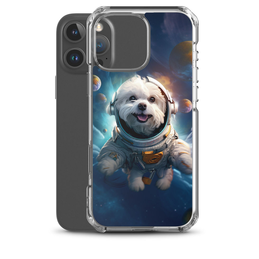 Galactic Voyager cosmic dog iPhone clear case — upright phone mockup 42