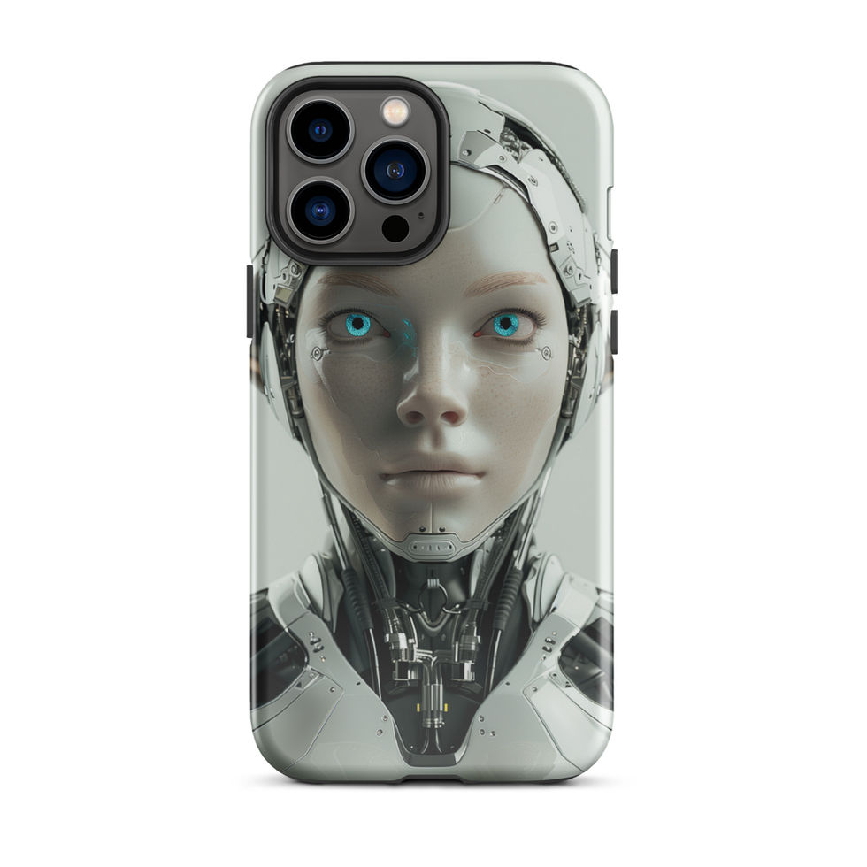 Centred robot portrait with delicate facial seams; close-up detail on an iPhone® Tough Case.