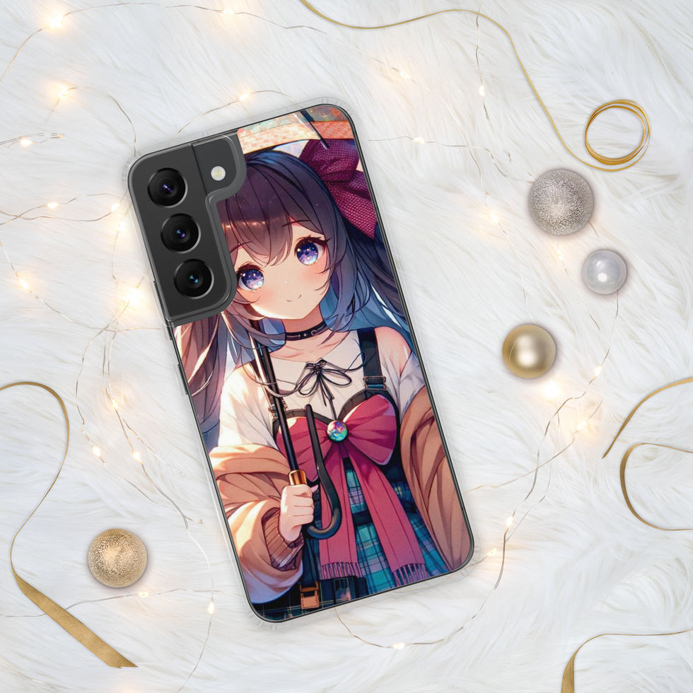 Rainy Day Elegance Samsung clear case showing a girl with large blue eyes, among lights and baubles.