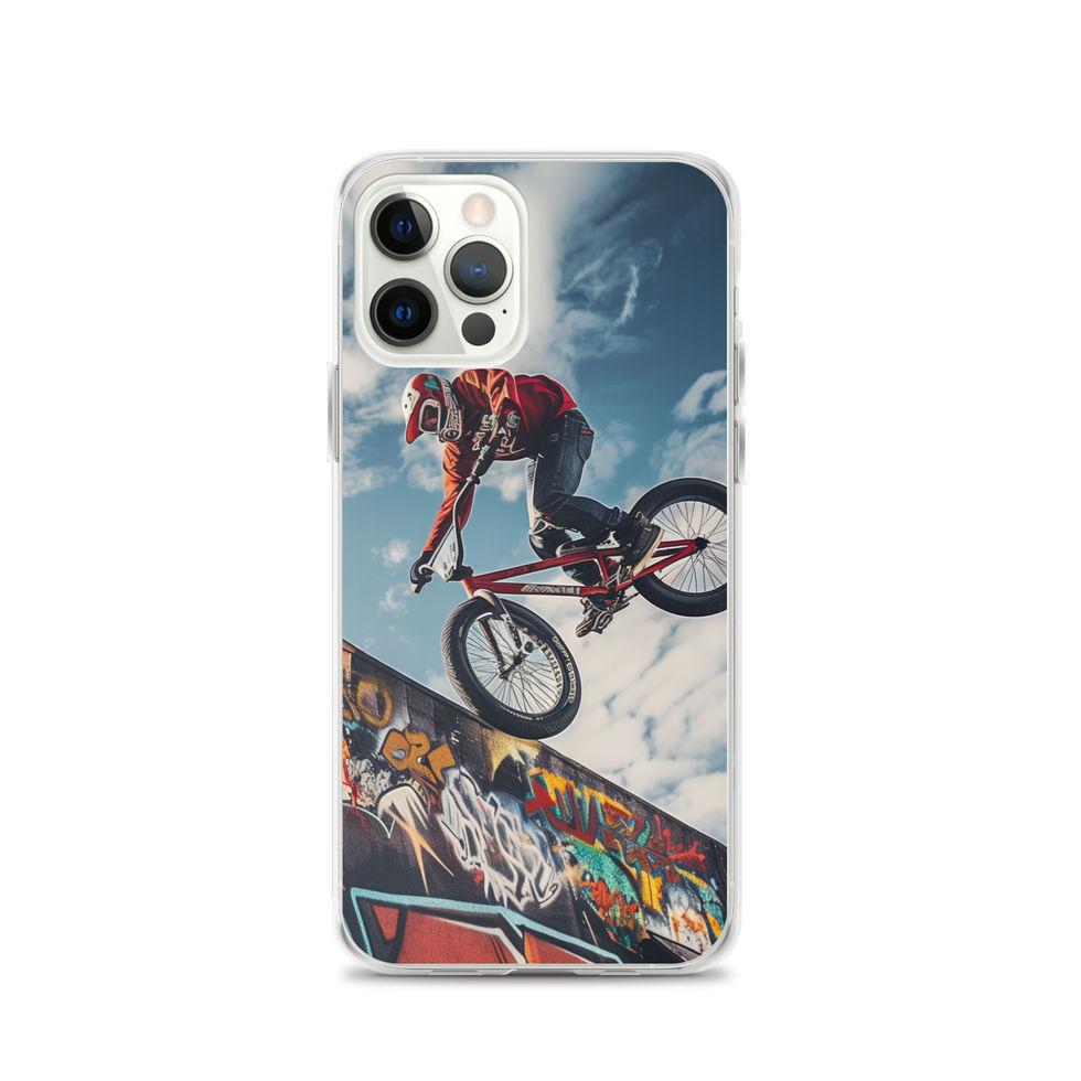 Graffiti Air Clear case for iPhone 12 Pro, BMX rider above graffiti ramp, with phone beside case on white