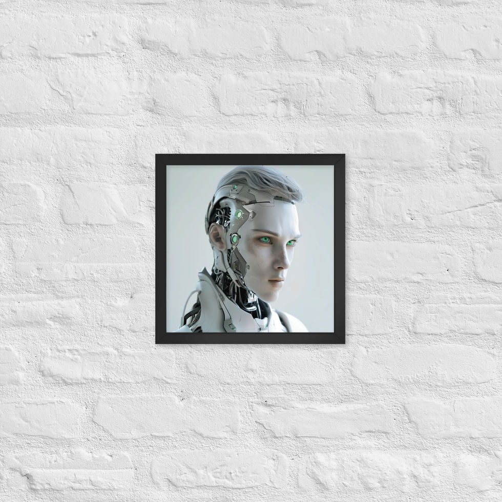 Neo-Futuristic Sentinel framed poster: human-like face angled right above an exposed mechanical neck