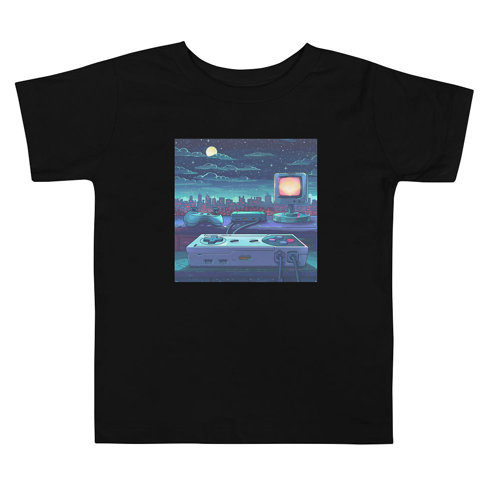 LunarPixel: black short-sleeve toddler T-shirt with moonlit retro gaming console