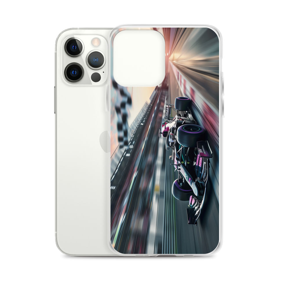 Midnight Velocity Clear case for iPhone 12 Pro Max, race car and night lights, rear view on white