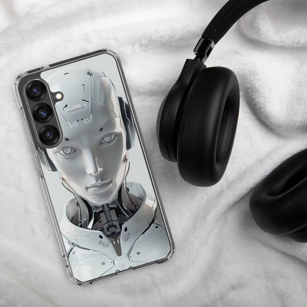 Calm humanoid android with charcoal neck engineering; angled case mockup on a Samsung® Clear Case.