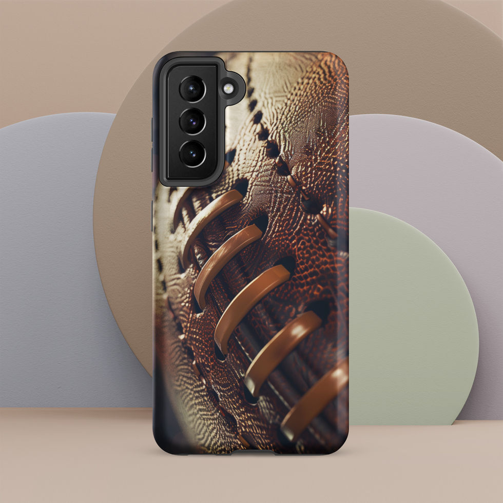 Stadium Lights Tough case for Galaxy S21 FE, football artwork and golden laces, pastel shapes behind