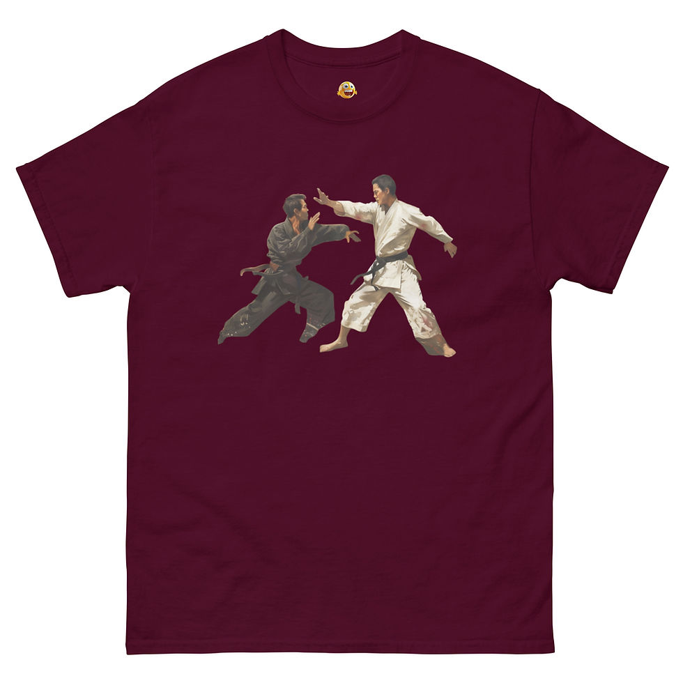 Martial Dance cutout: maroon unisex classic T-shirt with duel in black and white uniforms