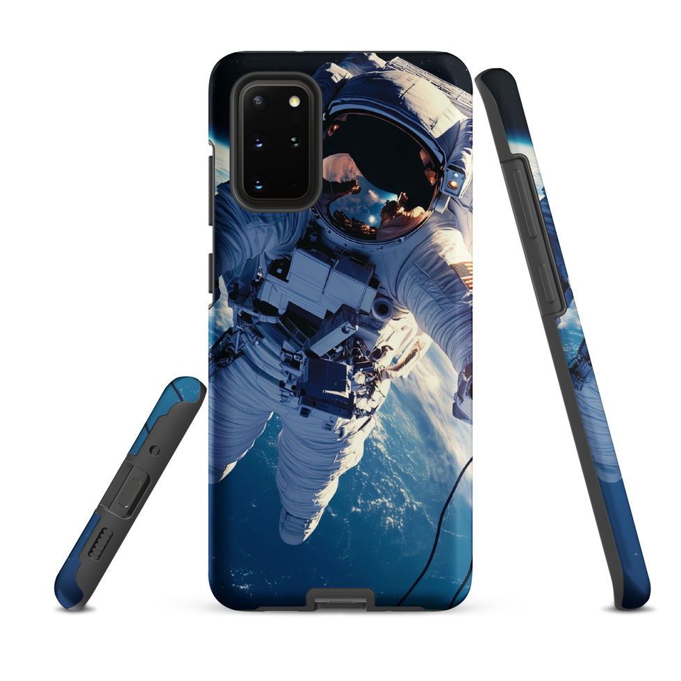 Blue and white astronaut artwork across the back of a Samsung tough case