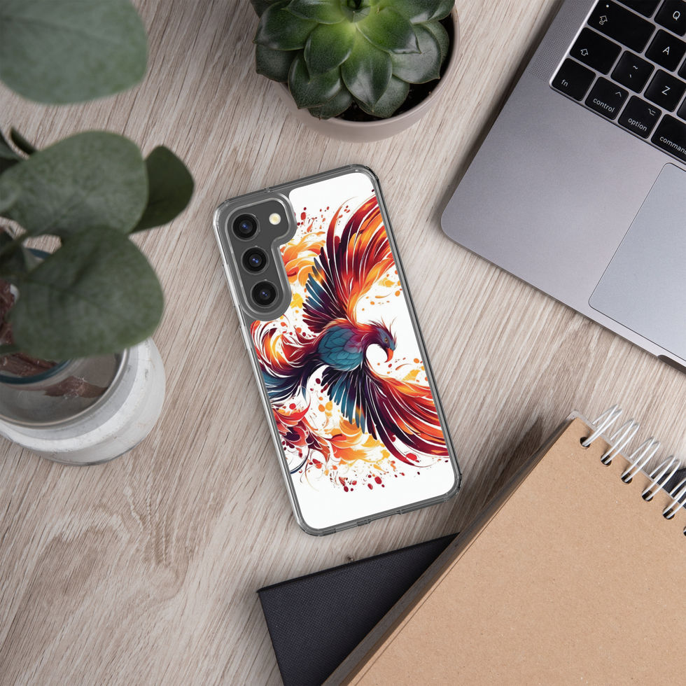 Reborn phoenix-mockup-36 showing Blazing Rebirth artwork on a Samsung clear phone case
