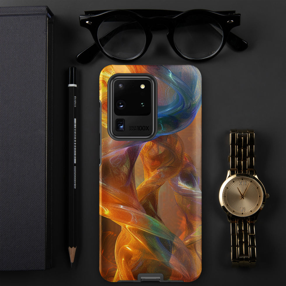 "Intertwining Entities" Samsung Tough Case showing warm gold and cool blue tones in the abstract print