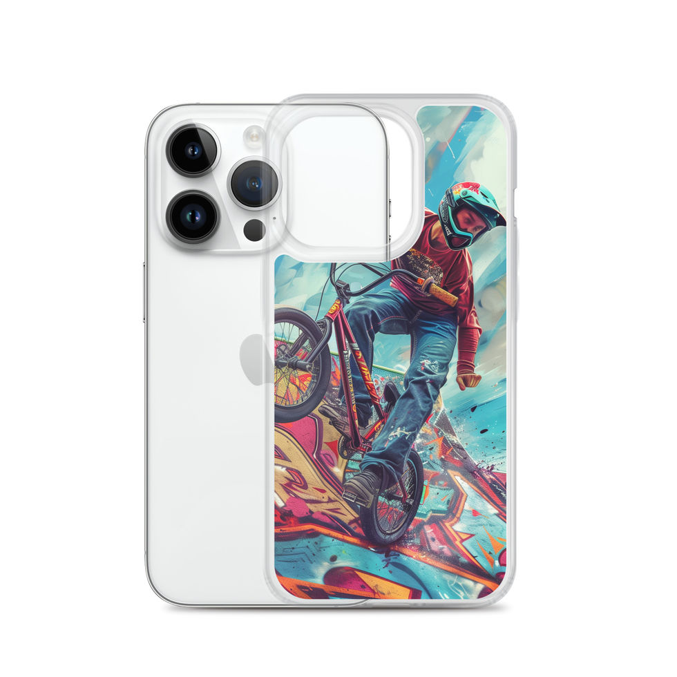 Ramp Rebel Clear case for iPhone 14 Pro, red-jacketed BMX rider and graffiti, rear view on white