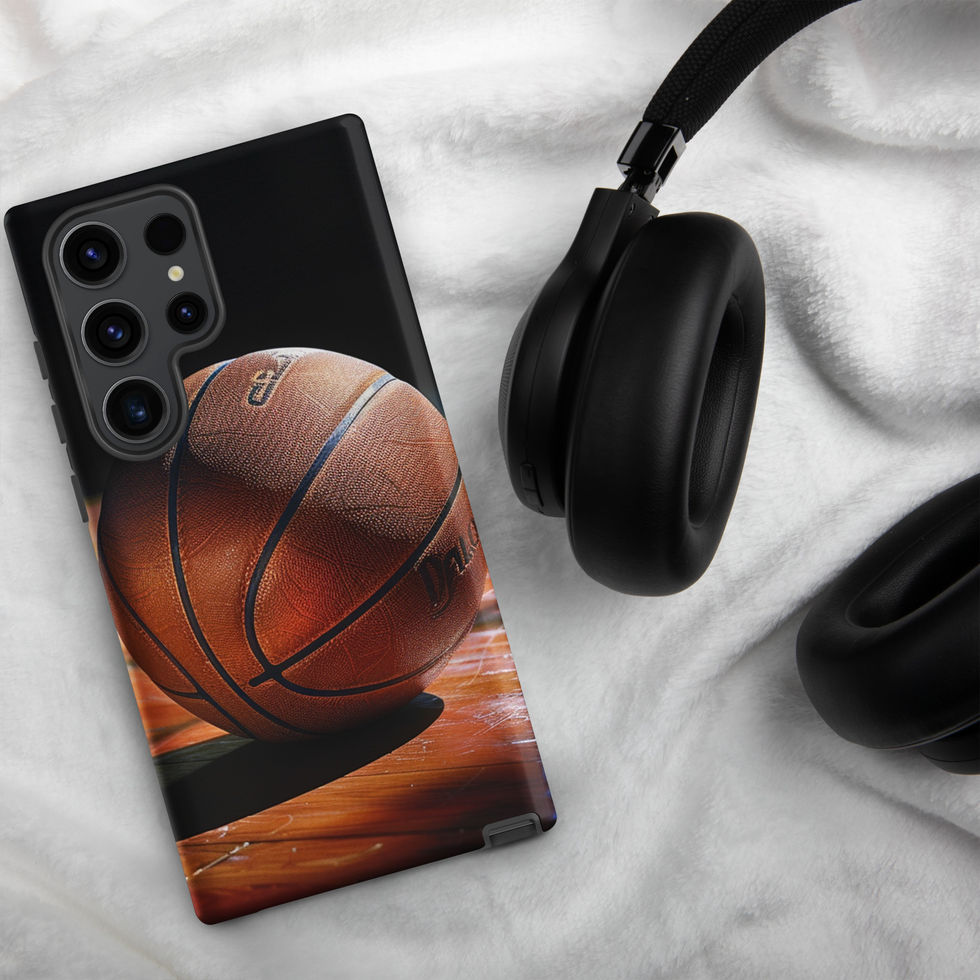 Hardwood Hustle Tough case for Galaxy S23 Ultra, basketball on timber artwork, headphones on pale cloth