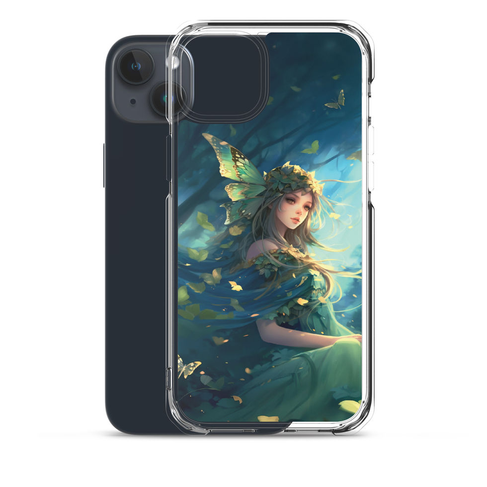 Printed back of Forest Enchantress iPhone clear case showing forest foliage at the lower edge