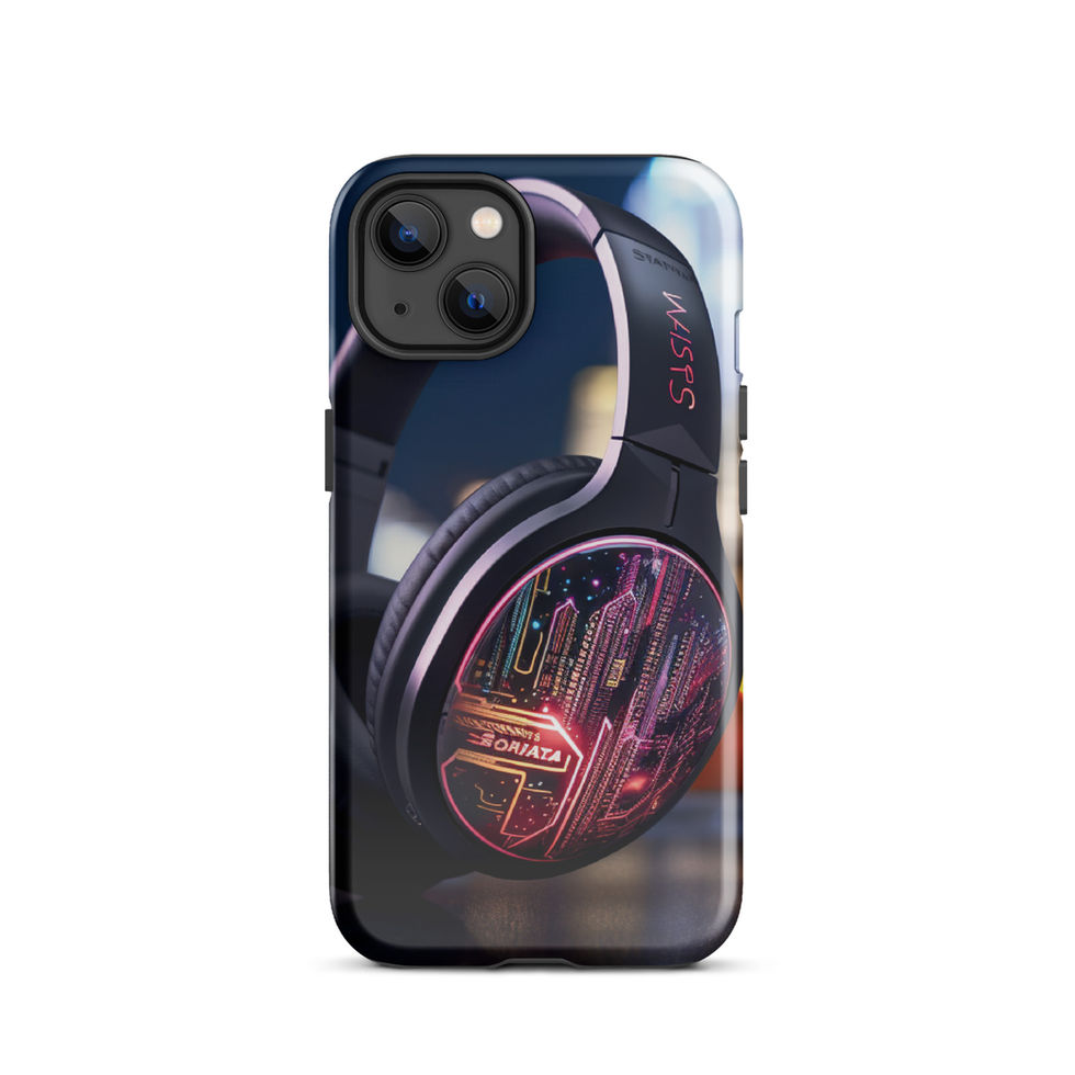 Neon Beats tough phone case for iPhone 13 Pro with a dark finish and circular pink neon music artwork