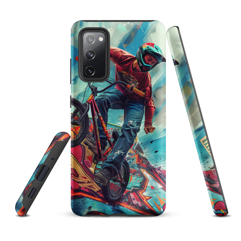 Ramp Rebel Tough case for Galaxy S20 FE, red-jacketed BMX rider and graffiti, rear and side views on white