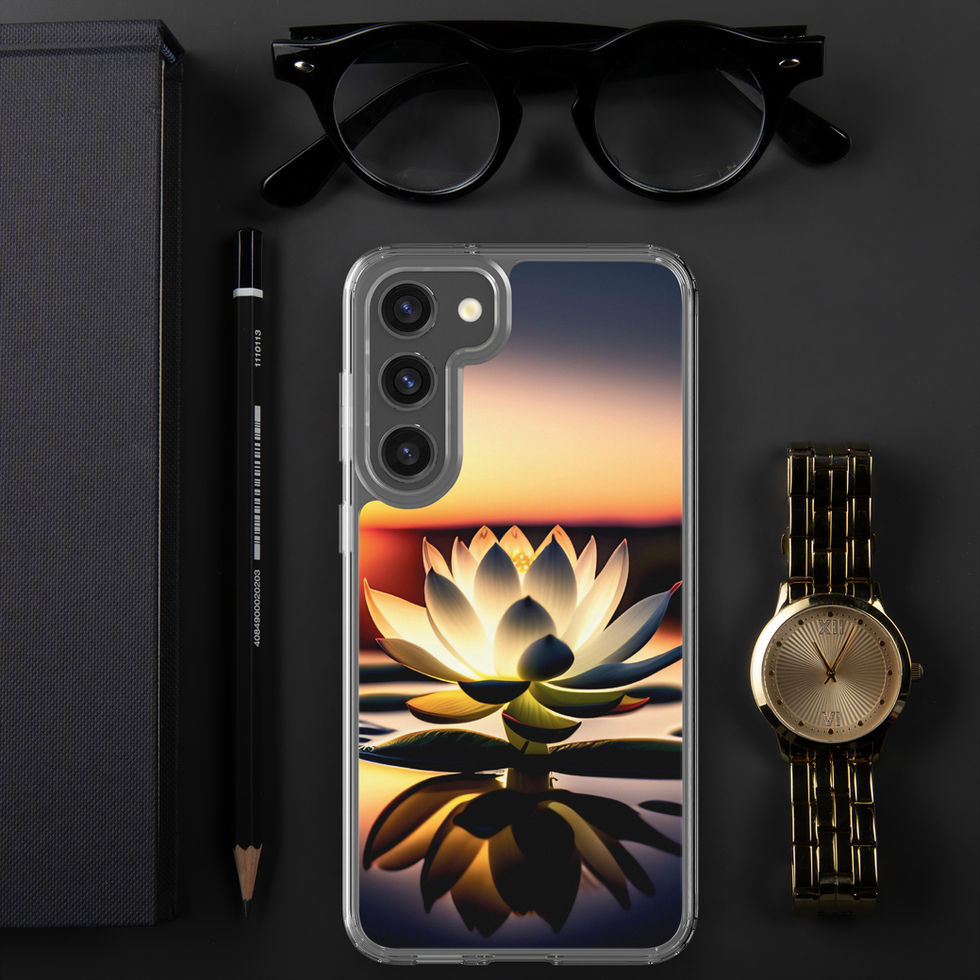 Sunlit Lotus Samsung clear case beside a watch; sunset colours behind a symmetrical bloom.