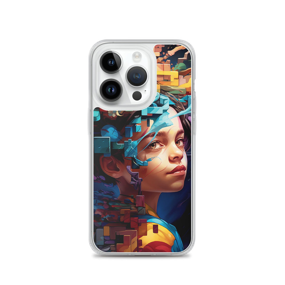 Neon Mindscape clear iPhone case with vivid geometric portrait artwork, camera side view
