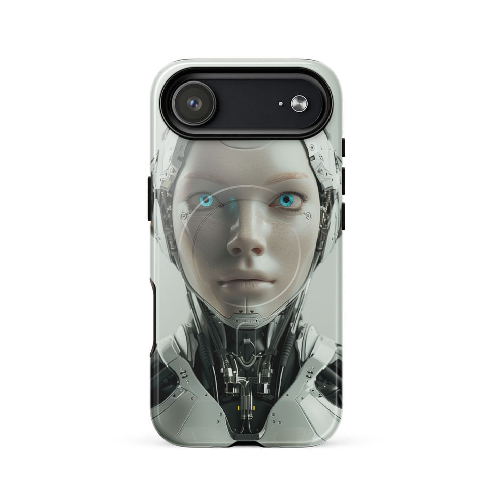 Synth Horizon AI face on a misty sage background; close-up detail on an iPhone® MagSafe Tough Case.