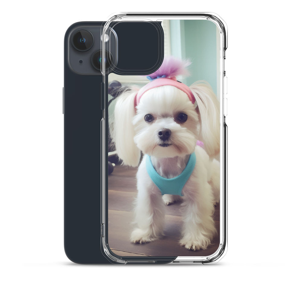 Fit Pup gym dog clear iPhone case — full case view in bright lifestyle scene